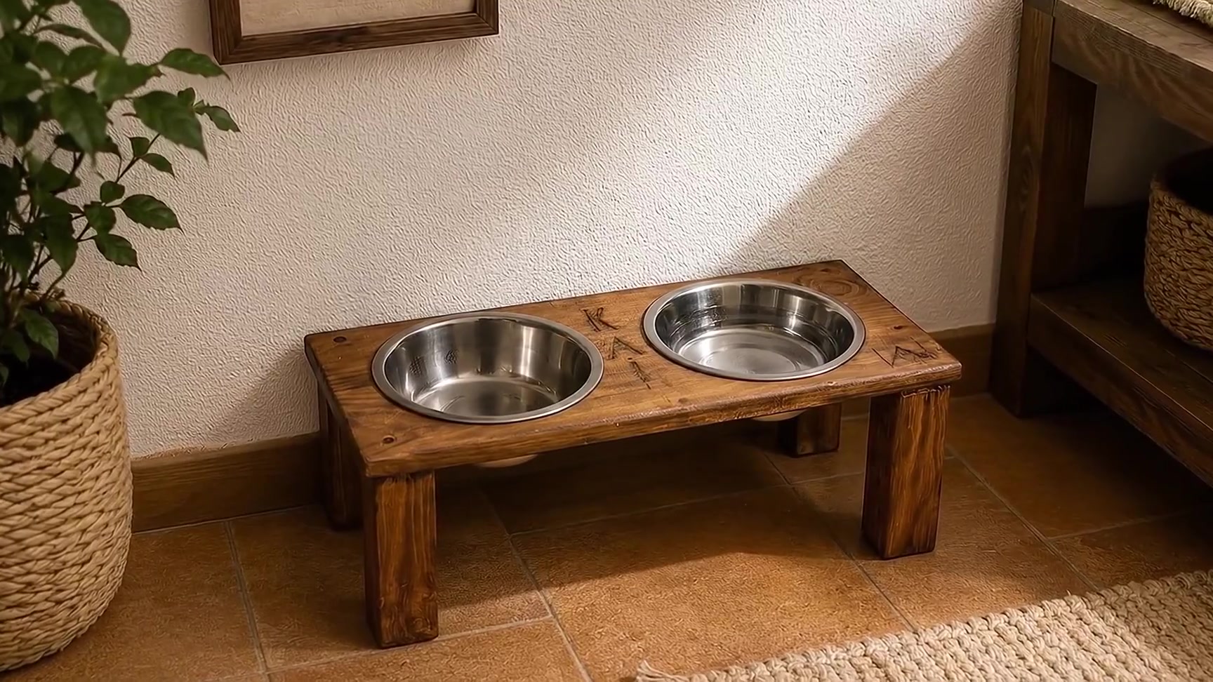 Comedero elevado de madera maciza recuperada grabado con el nombre Kai